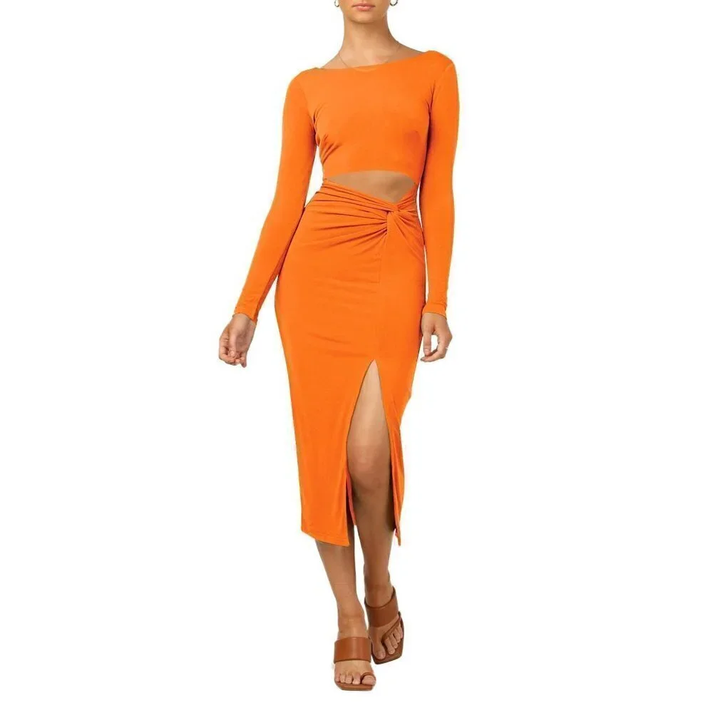 LYANER Women's Scoop Neck Cut Out Long Sleeve Split Hem Bodycon Midi Dress XL - Picture 1 of 1